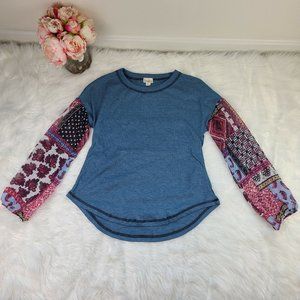 Baea Round Neck Boho Mixed Waffle Knit Pullover Top Long Sleeve Blue Small NWT